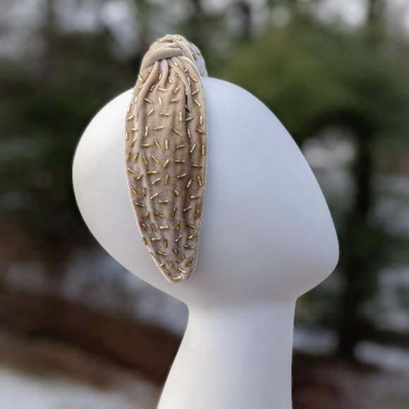 Gold Confetti Knot Velvet Headband Bugle Beads Handmade Knotted Turban Party main image 9